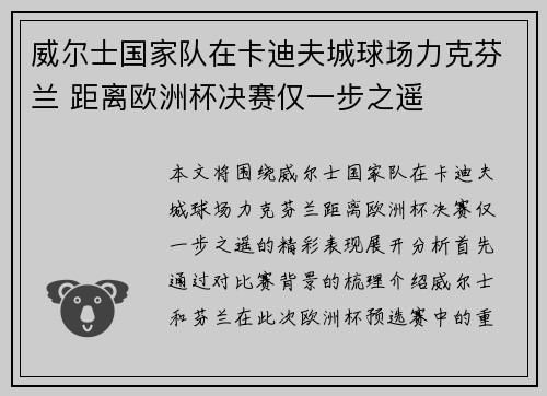 威尔士国家队在卡迪夫城球场力克芬兰 距离欧洲杯决赛仅一步之遥 威尔士国家队在卡迪夫城球场力克芬兰 距离欧洲杯决赛仅一步之遥